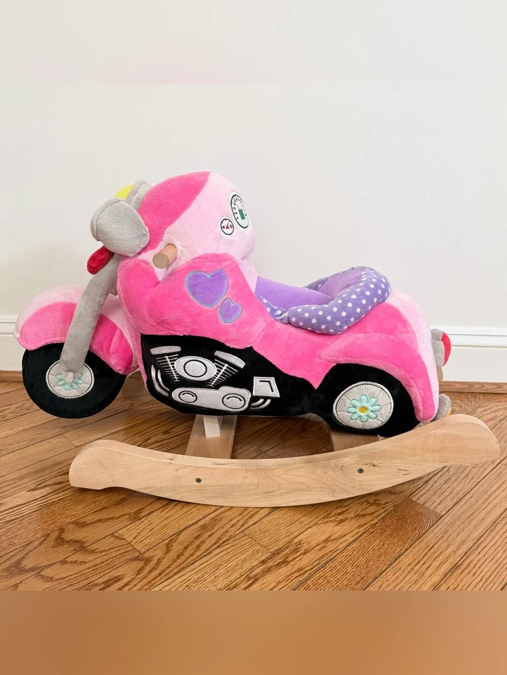 Rockabye Lil Biker Motorcycle Musical Plush Wooden Pink Rocker Baby Toddler New